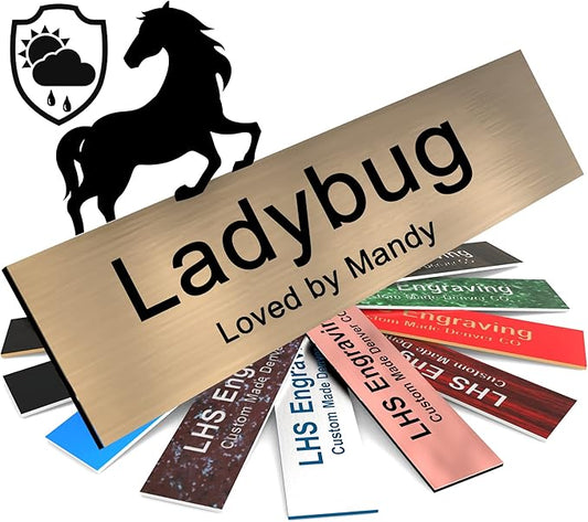 Personalized Horse Stall Name Plates, 2x12 Horse Stall Signs with Adhesive, All Weather UV Protected, Brushed Copper Pattern Plastic Black Letters - Made in USA - M5