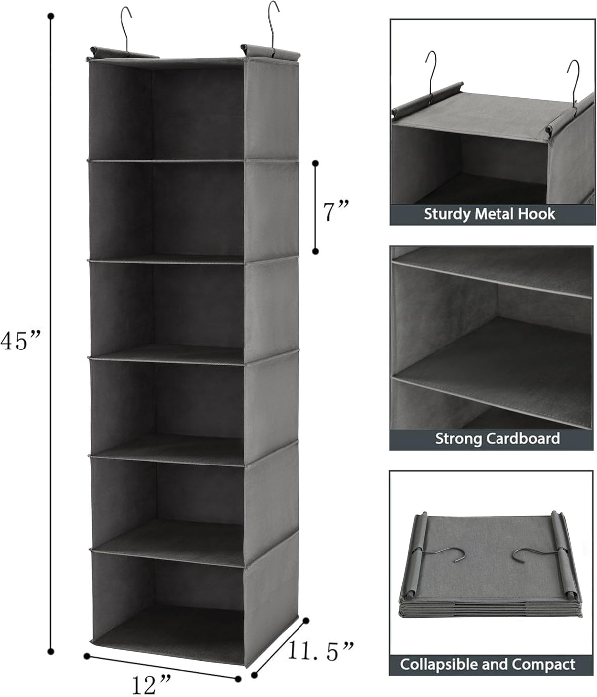 MAX Houser 6 Tier Shelf Hanging Closet Organizer, Closet Hanging Shelf with 2 Sturdy Hooks for Storage, Foldable (Grey)
