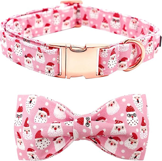 Dog Collar, Christmas Pink Santa Claus Cotton Pet Collar Bow Holiday Girl Boy Cute Puppy Collar Adjustable Pet Collar for Large Dogs
