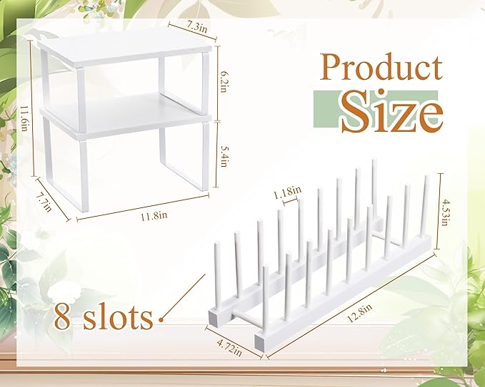 Marsui 4 Pcs Kitchen Organizer Accessories Set Cabinet Organizer Shelf and Bamboo Dish Drying Plate Rack Counter Shelves Storage Holder for Spice Rack, Dish, Pot Lid, Bowl, Cup (White)