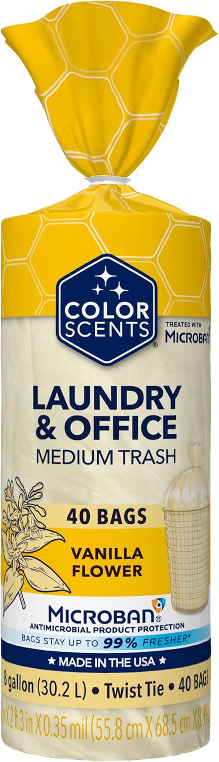 Color Scents Medium Trash Bags - 8 Gallon, 40 Bags (1 Pack of 40 Bags) Twist Tie - Cream Color Bag in Vanilla Flower Scent with Microban