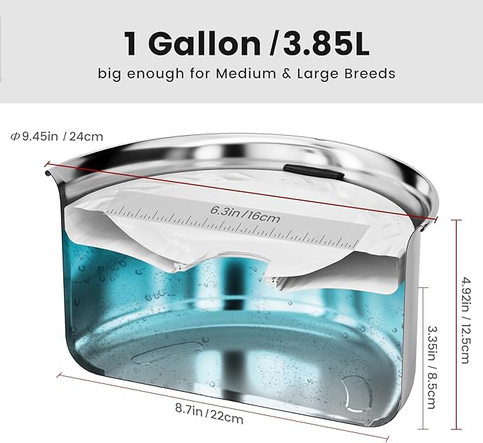 Gardner Pet Dog Bowls 1 Gallon (3.85L) Stainless Steel No Spill Dog Water Bowl, Slow Water Feeder Metal Bowls, Spill Proof Water Dispenser for Large Dogs, Promotes Healthy Hydration