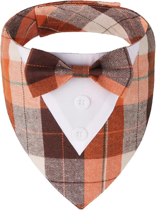 ADOGGYGO Fall Dog Tuxedo Bandana, Orange Plaid Pet Fall Collar with Bowtie, Adjustable Halloween Thanksgiving Costume for Medium Dogs (M)