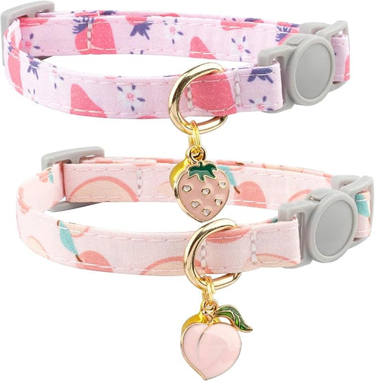 Faygarsle 2 Pack Breakaway Cat Collar with Bells for Female Girl Cats Cute Pink Collar with Peach Strawberry Charm Summer for Cats