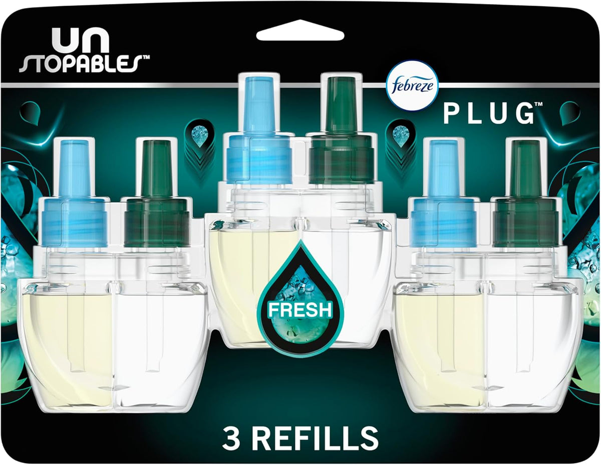 Febreze Plug in Air Freshener, Odor-Fighting Scented Oil Refill, Air Fresheners for Home and Bathroom and Kitchen, Long Lasting for Strong Odors, Unstopables Fresh Scent, 0.87oz Refills, 3 Count