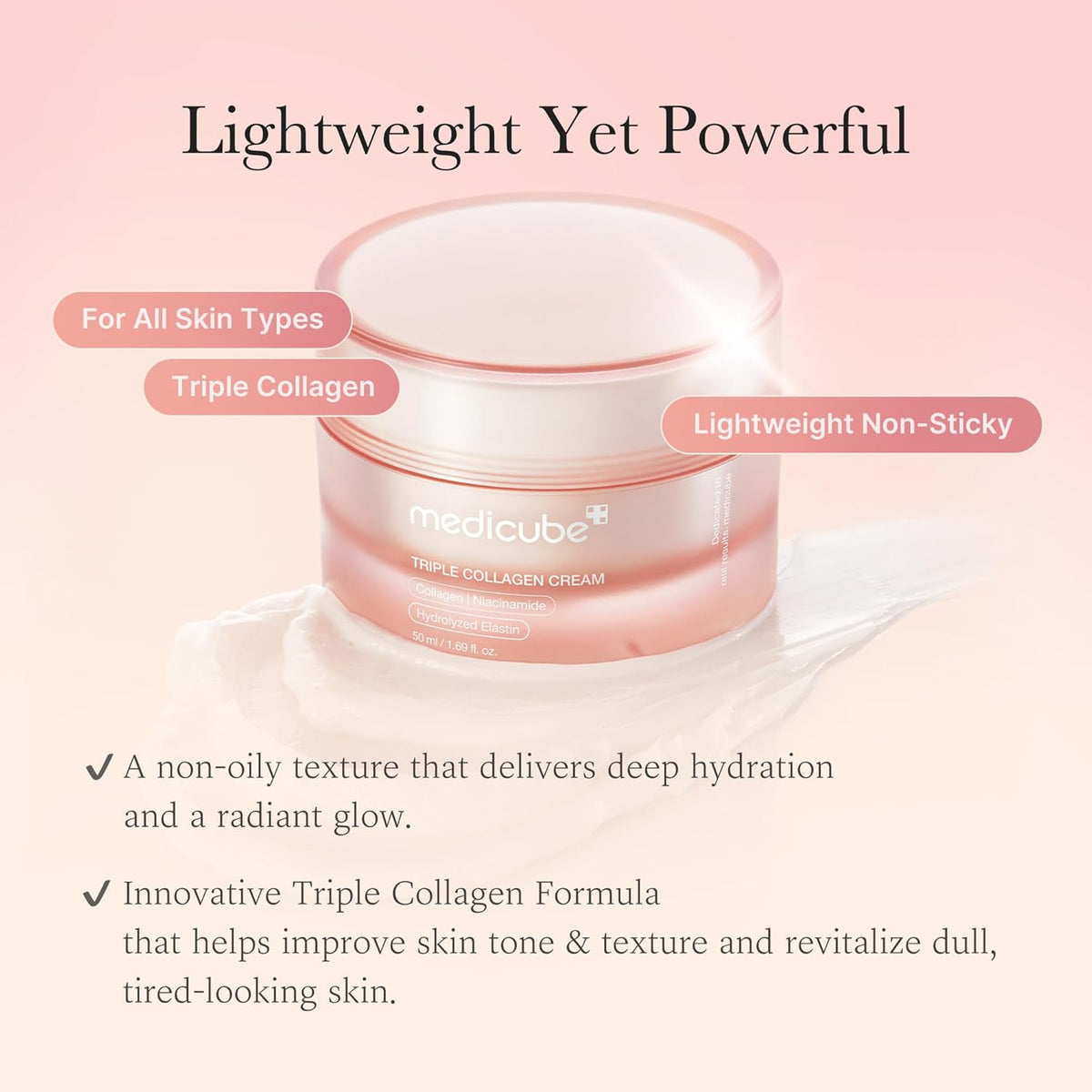 medicube Triple Collagen Cream - Hydrating & Firming Moisturizer with Hyaluronic Acid, Premium Elastin, Shea Butter - Wrinkle Care & Boosts Elasticity - Korean Skincare, 1.69 oz