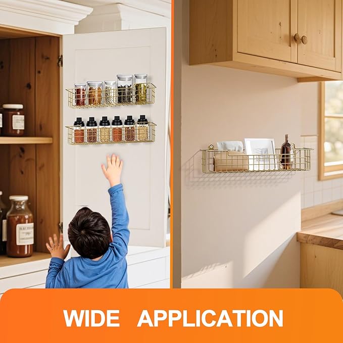 Spice Rack, 4-Pack Seasoning Organizer Wall Mount for Kitchen Storage Organization, Spice Holder Shelf Saving Space for Cabinet, RV, Pantry, Gold