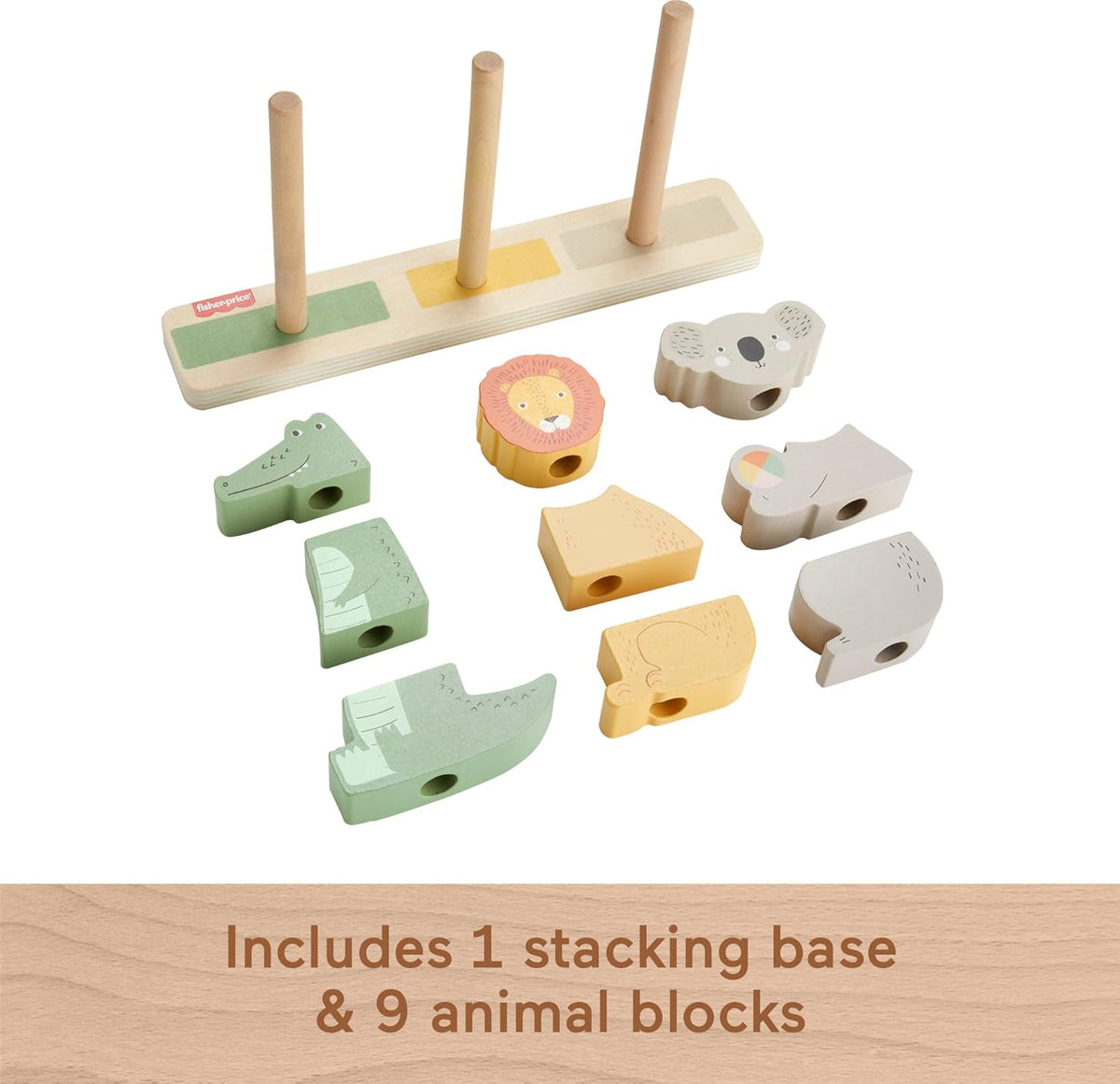 Fisher-Price Wood Baby Toy Stack & Sort Animals, 10 Wooden Pieces for Developmental Play for Infants & Toddlers Ages 1+ Years