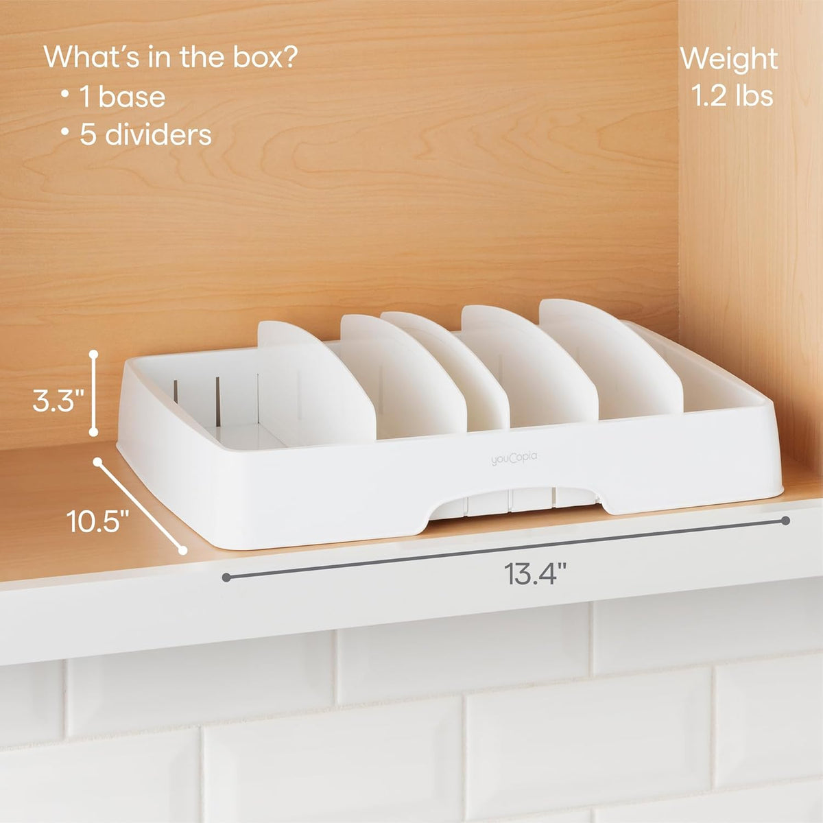 YouCopia StoraLid Food Container Lid Organizer for Kitchen Cabinet Storage with 5 Adjustable Dividers, 10.5''D × 13.4''W × 3.3''H, Large Classic Edition, White