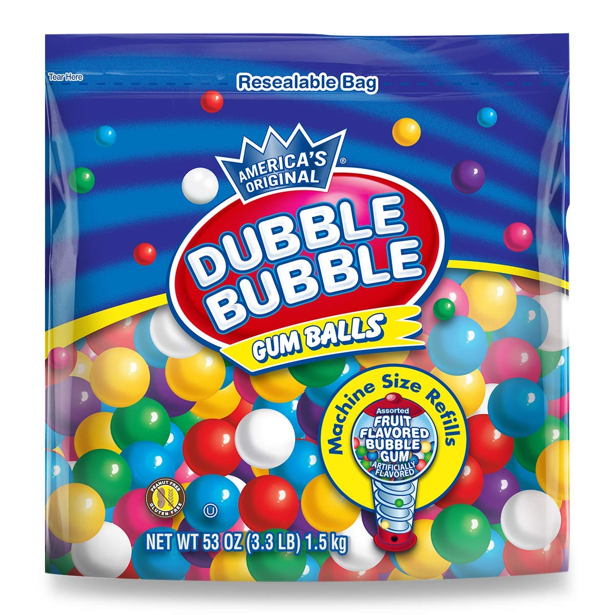 Dubble Bubble Gumball Machine Refill - More than 3 Pounds of Bulk Bubblegum Balls - .5 Inch Assorted Gumballs for Small Mini Candy Dispenser - 53 Ounce Bag (Pack of 1)