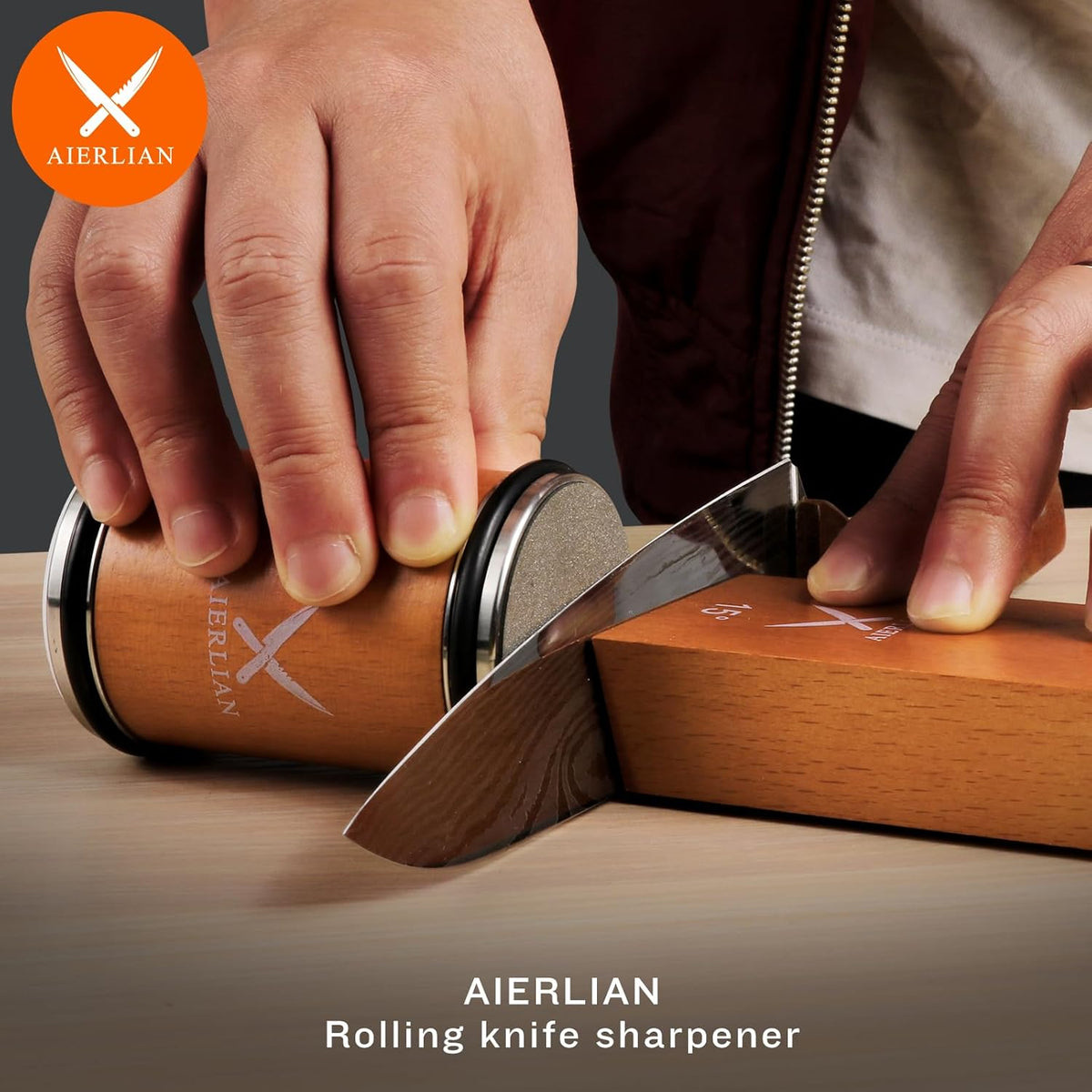 Knife Sharpener Tool, Rolling Knife Sharpener Kit, Knife Sharpening with Diamonds and Ceramic for Steel of Any Hardness, Kitchen knife Sharpener with 15 & 20 Degree Magnetic Angle(Brown)