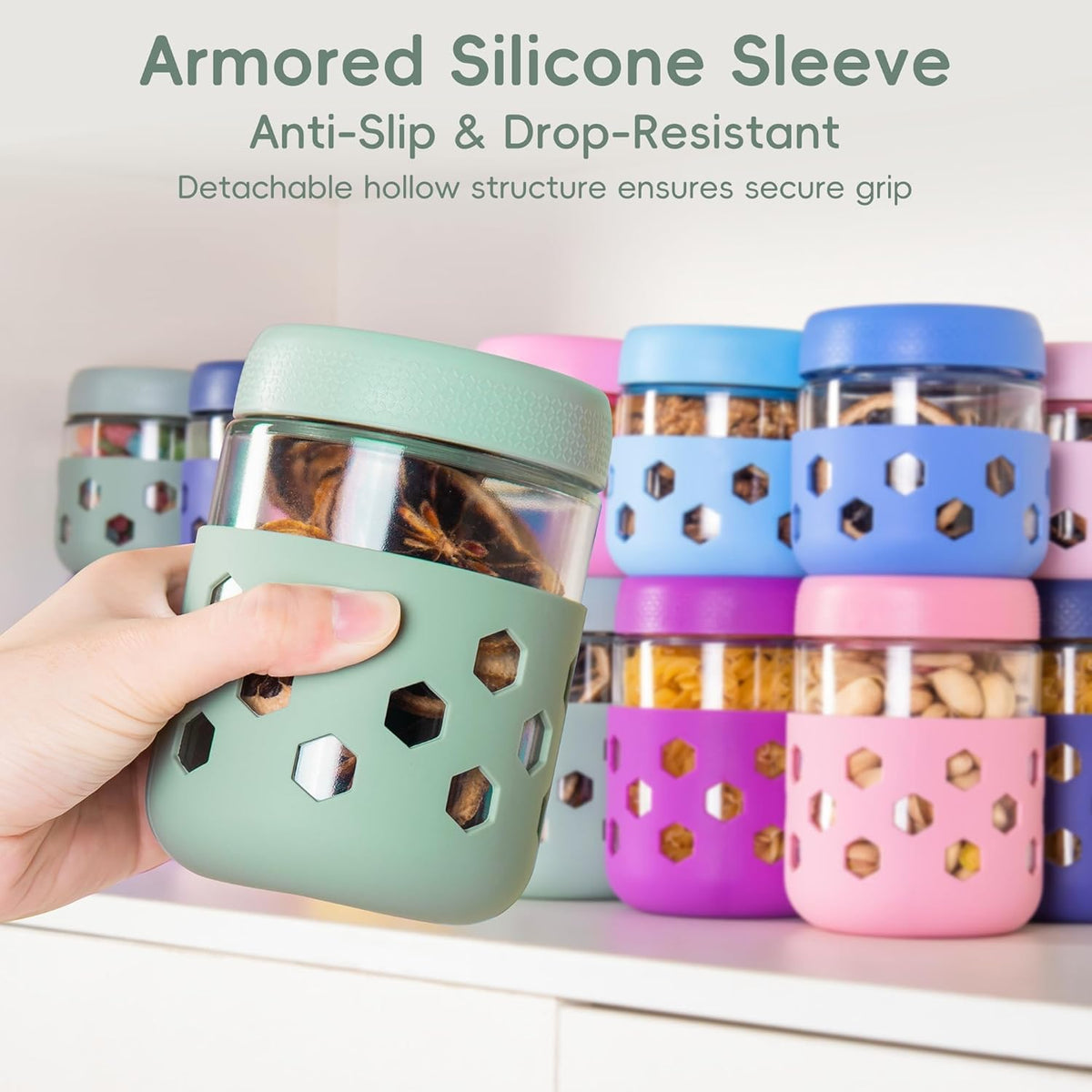 Gemice 6-Pack 16 oz Overnight Oats Containers with Lids and Silicone Sleeves, Glass Mason Jars with Airtight Lid, Dishwasher Safe, Wide Mouth Chia Seed Pudding Meal Prep Jar for Yogurt Berries Snack