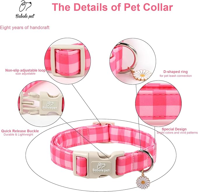 Girl Dog Collar for Puppy Small Dogs - Cute Pink Plaid Puppy Collar, Soft Adjustable Spring Summer Female Dog Collars with Quick Release Buckle XS