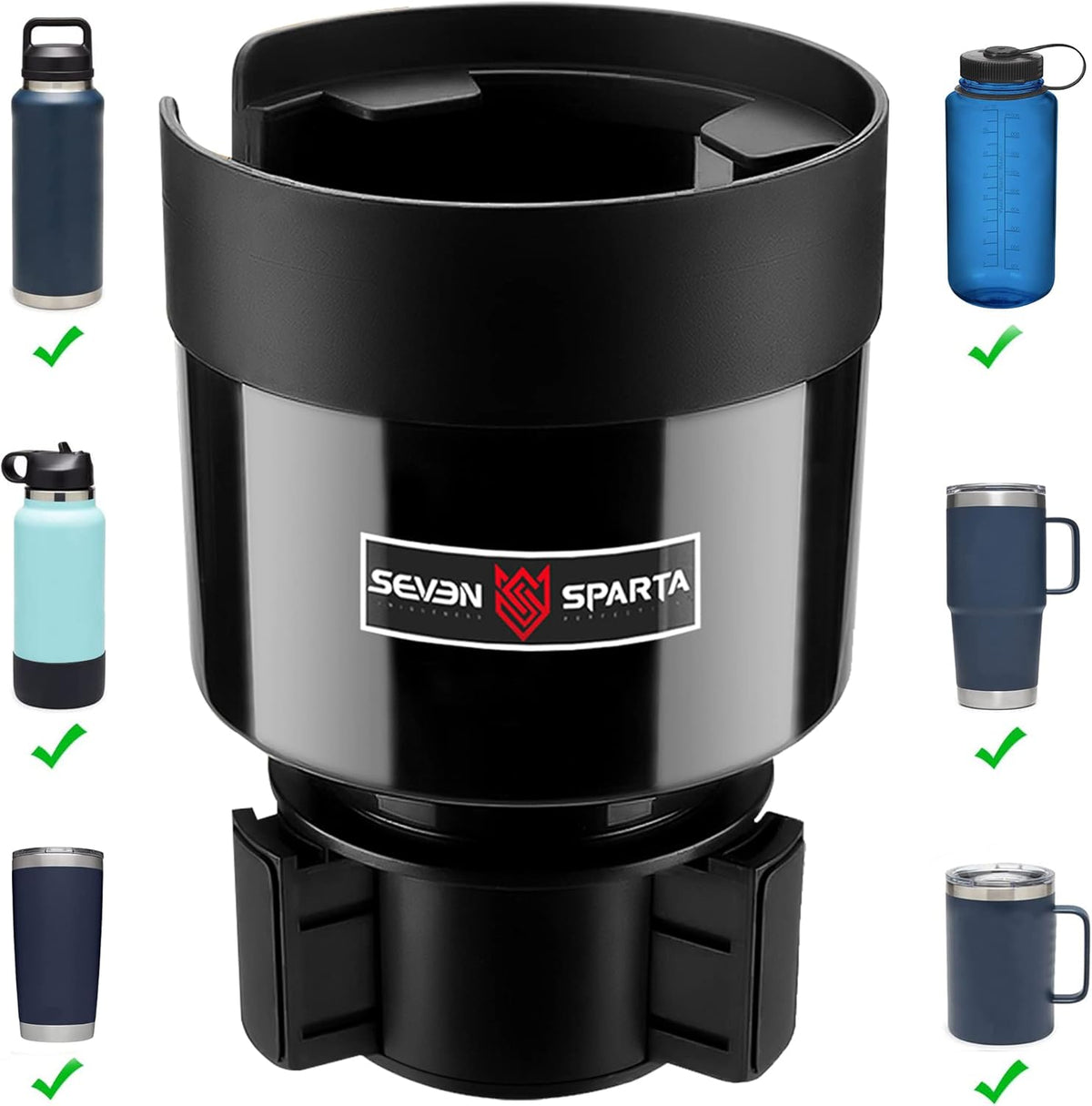 Seven Sparta Car Cup Holder Expander with Adjustable Base, Compatible with Hydro Flasks 32/40 Ounce, Compatible with Yeti Ramblers 20/26/30 Ounce, Other Bottles in 3.4"-3.8" (Black)