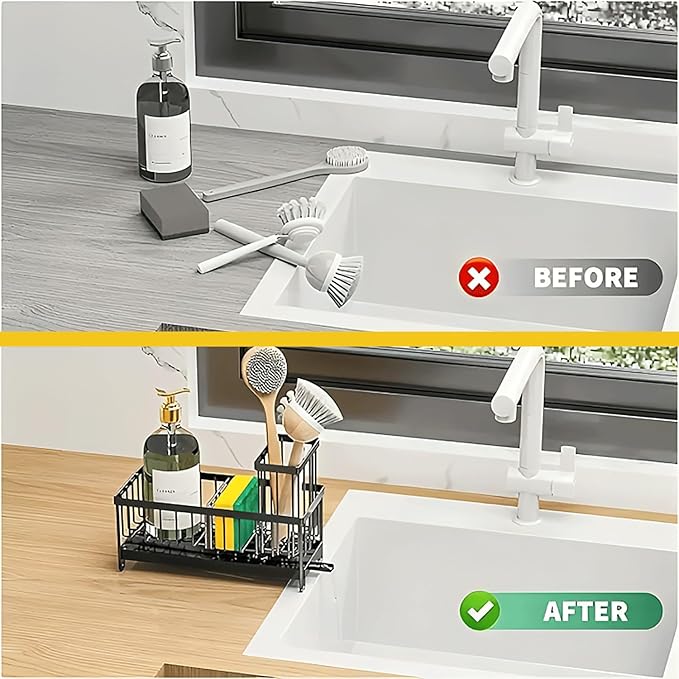 Sponge Holder for Kitchen Sink,5 in 1 Rustproof Stainless Steel Sink Caddy with Washing Cloth & Adhesive Hooks, Kitchen Sink Organizer with High Brush Holder and Soap Holder for Kitchen Sink