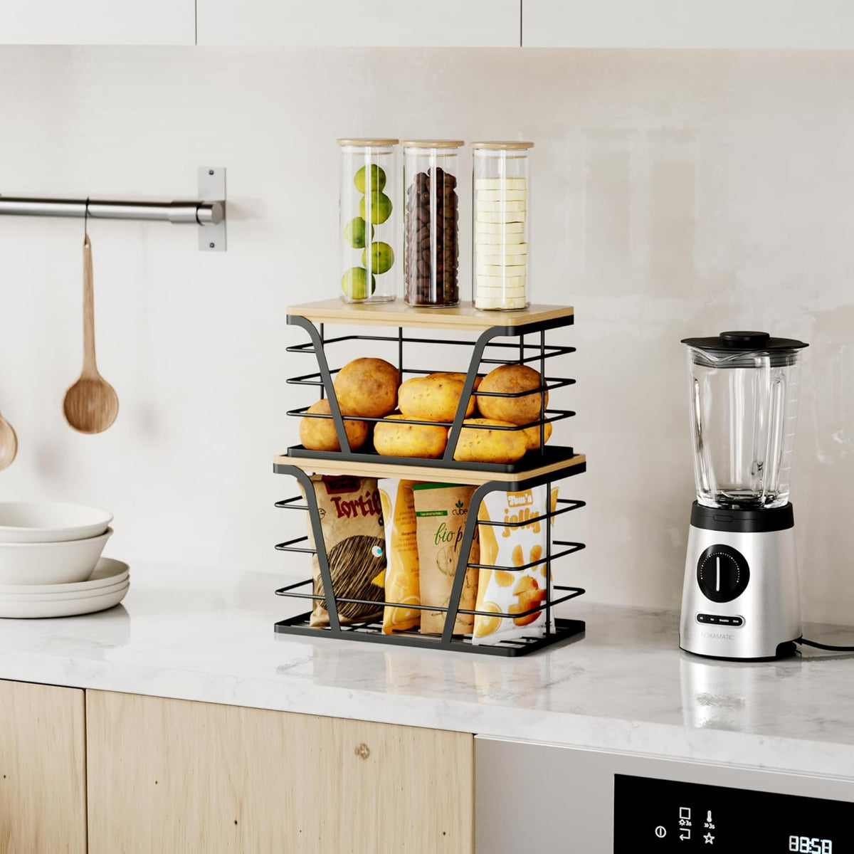 2 Pack Stackable Storage Laundry Kitchen Organizers, Wall Mount Trash Bag Holder with Bamboo Top and Garbage Bag Dispenser No Drill