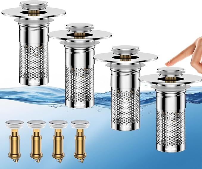 Bathroom Sink Drain Strainer,Universal Pop-Up Sink Stopper Hair Catcher, Stainless Steel Anti-Clog Drain Filter Basket, Removable Sink Drain for Bathroom Sink Stopper Replacement (Silver-4pcs)