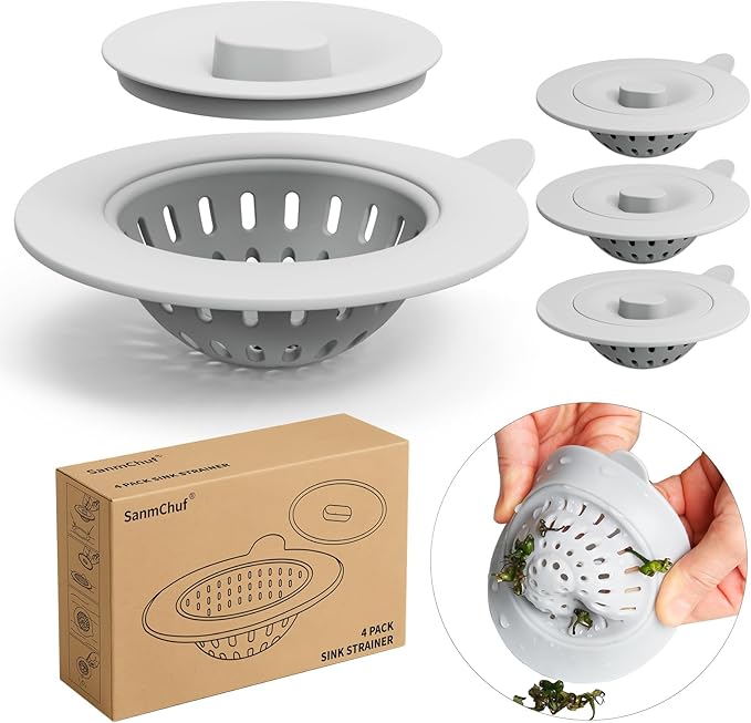 4 Pack Silicone Kitchen Sink Drain Catcher with Lid, 4.4" Top / 3" Mesh Basket, Grey Strainers for 3.1–3.9 Inch Openings, Anti-Clog Reusable Sink Stopper Covers, Odor-Proof & Easy to Clean