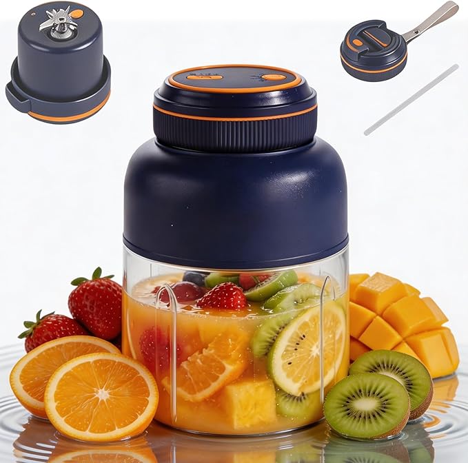 Portable Wireless Juicer Cup, 45oz Extra Large Capacity, 1300 mAh Battery Offers Extremely Long Battery Life, Dual Lid Compact Travel Drinking Cup for Office Outdoor, Picnic (Tritan-Dark Blue)
