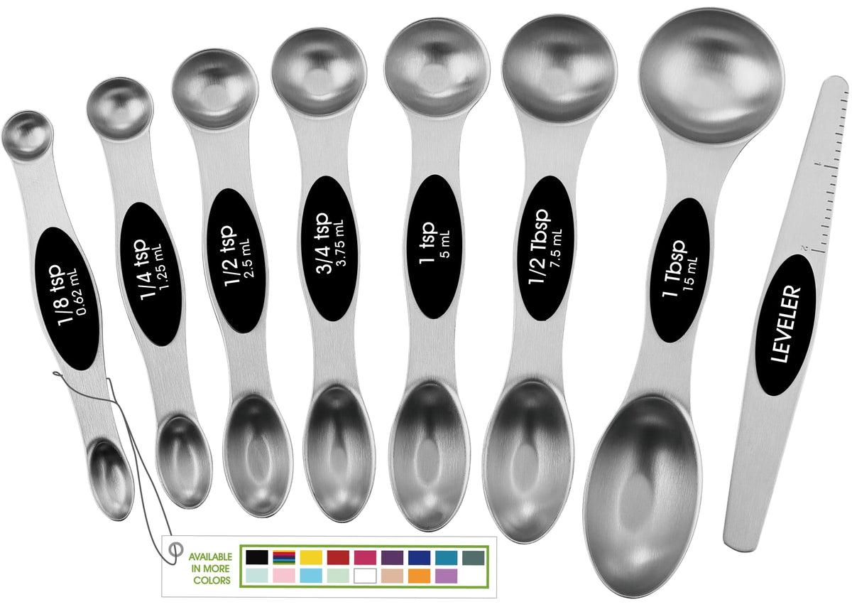 Spring Chef Stainless Steel Magnetic Measuring Spoons Set with Strong N45 Magnets, Heavy Duty Metal Kitchen Gadgets for Baking & Cooking, Fits in Most Kitchen Spice Jars, Set of 8 with Leveler, Black