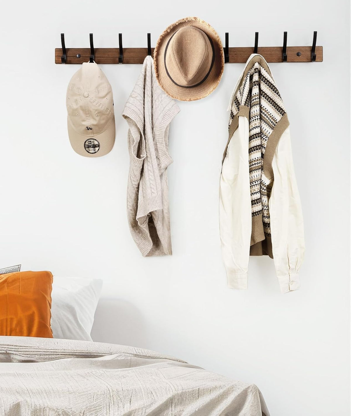 Coat Rack Wall Mount, 16.5 Inches Wood Coat Hooks, Wall Hooks for Hanging, Hat Rack Bag Hanger Key Holder for Wall, Purse Hanger Towel Racks for Bathroom (1Pack, Brown)