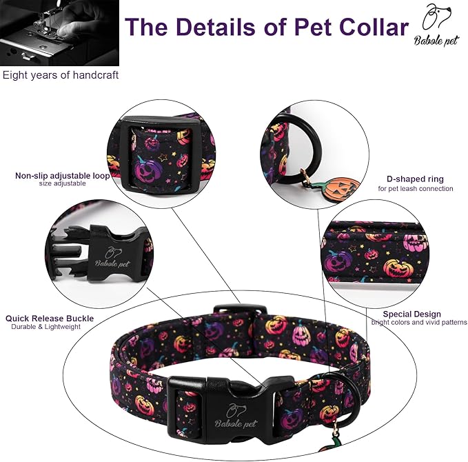 Halloween Dog Collar Spooky Fun Pumpkin Puppy Collar - Light Comfortable Adjustable Pet Collars for Small Medium Large Girl Boy Dogs S
