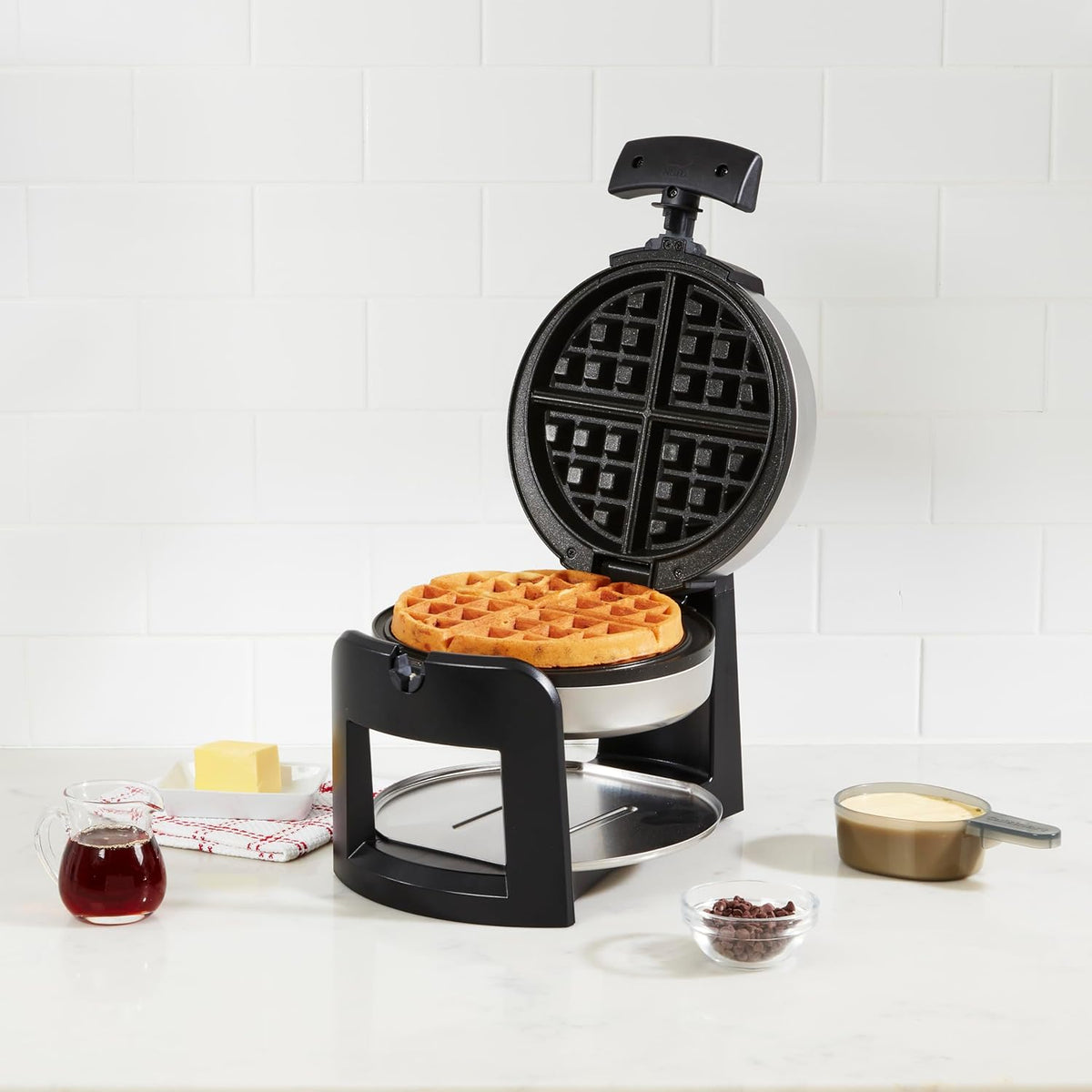 Cuisinart Round Flip Belgian Waffle Maker, Black/Silver, 1 inch thick, WAF-F30NAS