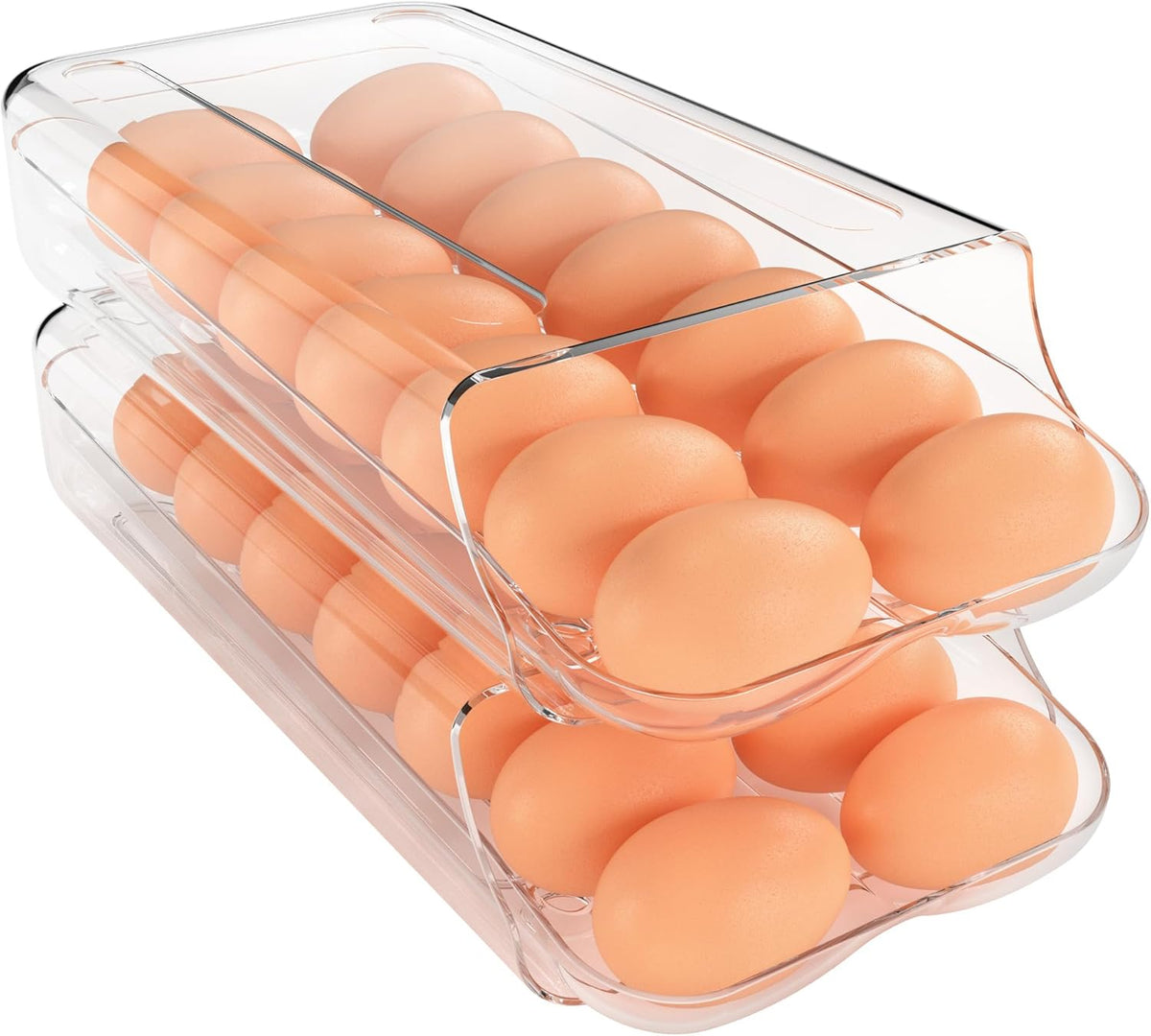 theaoo Egg Holder for Fridge, Automatic Rolling Egg Container for Refrigerator, Clear Plastic Egg Dispenser, Stackable Eggs Organizer with Quick Removable inner Tray For Organizers and Storage, 2 Pack