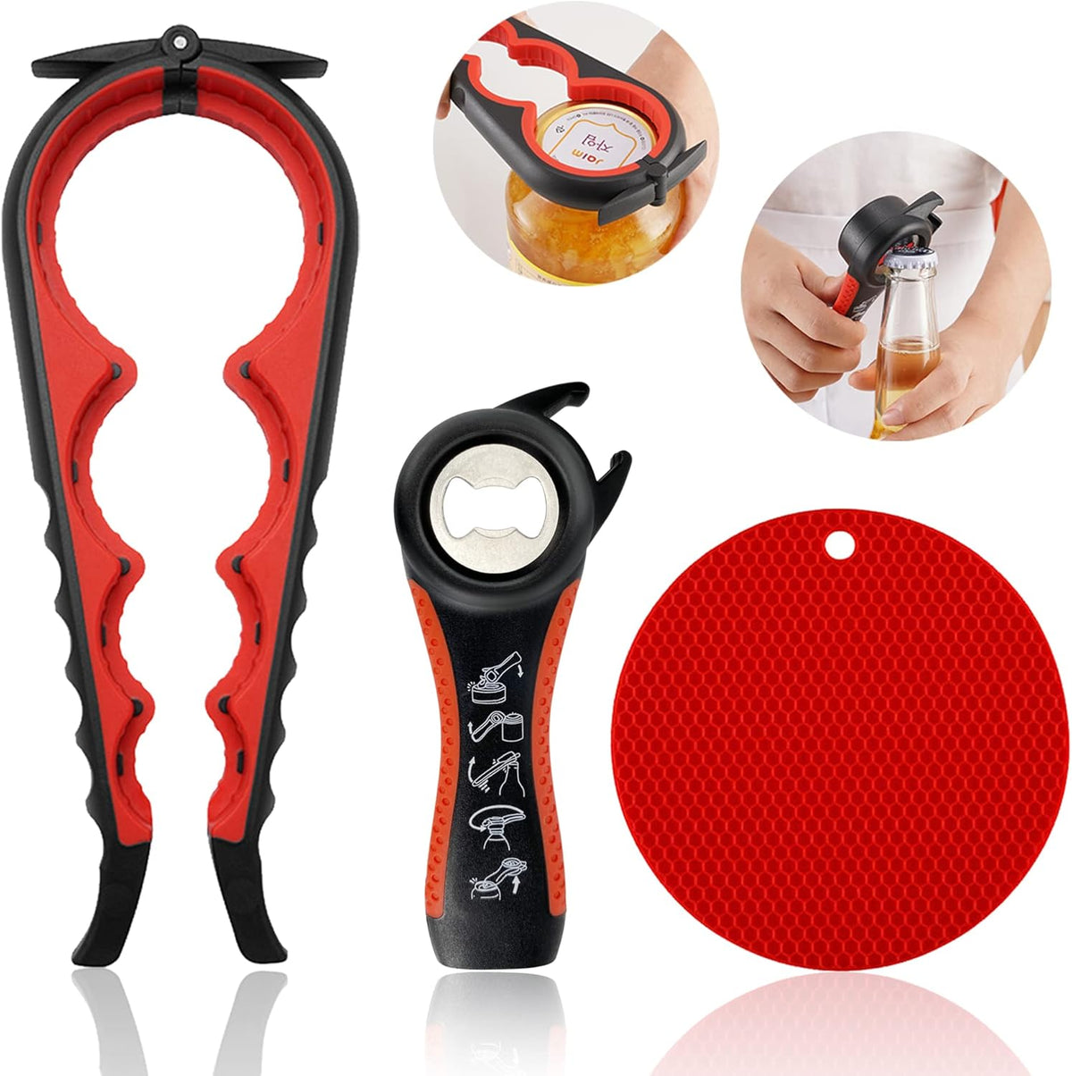 Jar Opener for Weak Hands, Seniors with Arthritis, 5 in 1 Multi Function Bottle Opener Lid Opener For Arthritic Hands with Non Slip Rubber Jar opener Gripper Pad