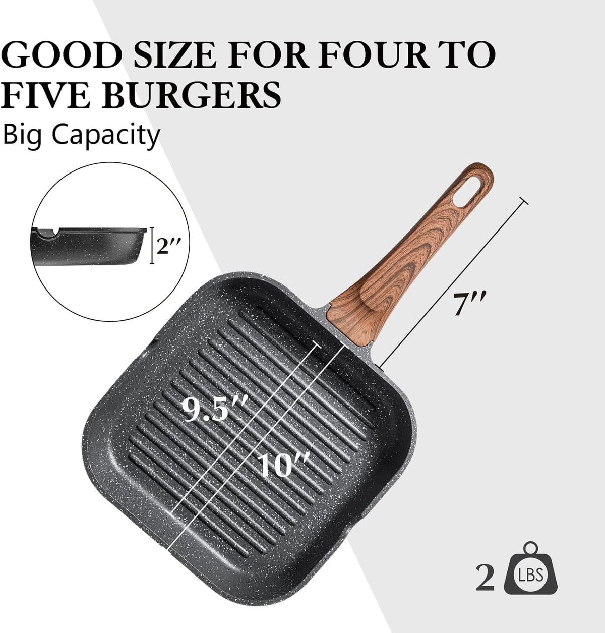 SENSARTE Nonstick Grill Pan for Stove Tops, Versatile Griddle with Pour Spouts, Square Big Cooking Surface, Durable Skillet Indoor & Outdoor Grilling. PFOA Free, 9.5 Inch