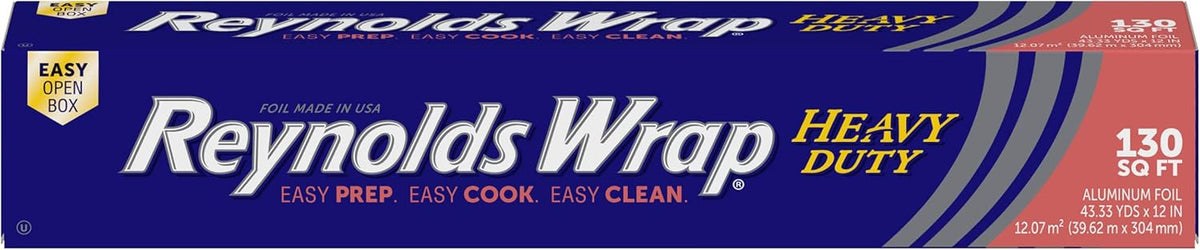 Reynolds Wrap Heavy Duty Aluminum Foil Roll, Thick Heavy Duty Foil for Added Strength and Durability, Secure Easy Open and Close Tab, 12 Inches Wide, 130 Sq. Ft.