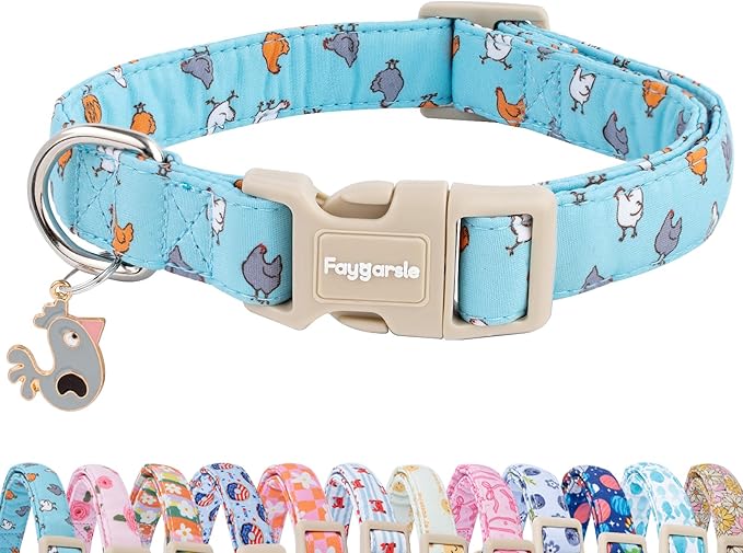 Faygarsle Funny Chicken Pattern Dog Collar, Cotton Fabric, Light Blue with Farm Animal Print for Small Medium Large Dogs S
