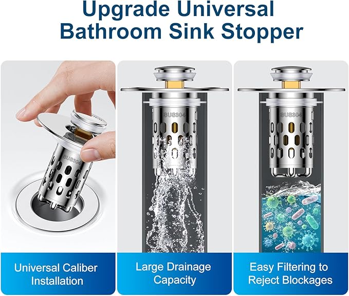 Bathroom Sink Drain Strainer,All Metal Pop-Up Sink Stopper with Removable Stainless Steel Filter Basket, Universal Bathroom Hair Catcher Fit for 1.1-2.36'' Drain(Silver, 1 Pack)