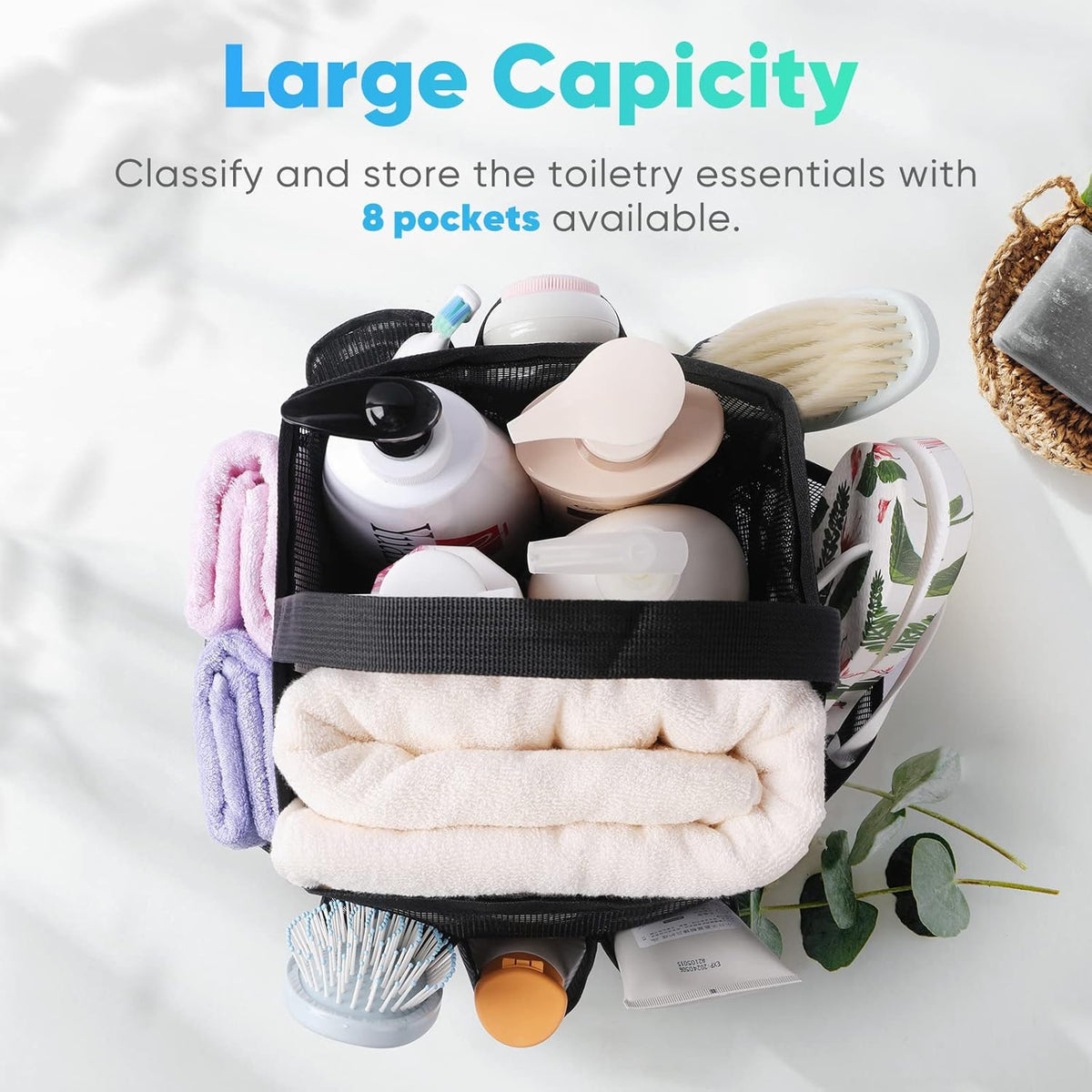 Mesh Shower Caddy Portable for College Dorm Room Essentials, 8-Pocket Large Capacity Shower Bag for Beach, Swimming, Gym