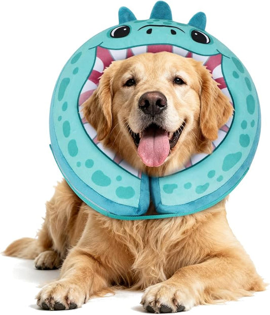 IEUUMLER Inflatable Recovery Dog Collar, Protective Donut Cone, Adjustable Soft Collar for Dog and Cat After Surgery Prevent from Biting & Scratching EU002 - Teal Dinosaur M
