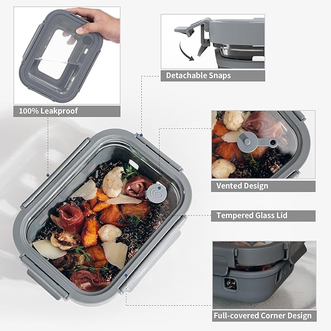 GENICOOK 2.7 CUP Glass Food Storage Containers with Glass Lids,5 Pack-Aitight Meal Prep Container Set with Silicone Sleeve, BPA-Free, Dishwasher, Microwave, and Freezer Safe