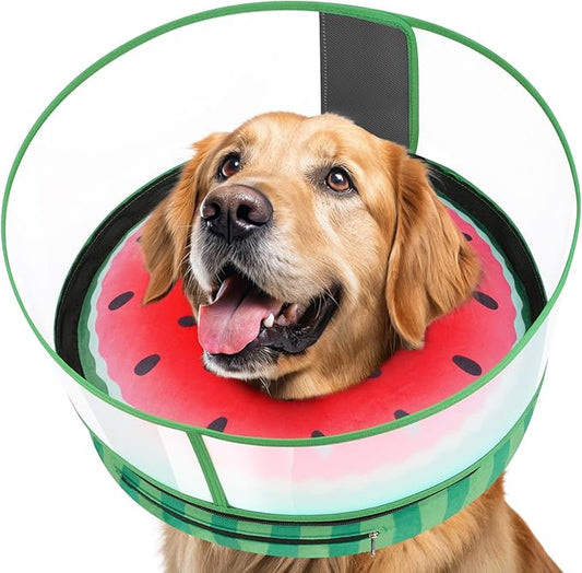 Inflatable Dog Cone with Anti-Licking Clear Shield, Protective Dog Donut Collar After Surgery, Adjustable Soft Recovery Cone for Pets, Alternative Collar with Buckle Strap (Watermelon, XL)