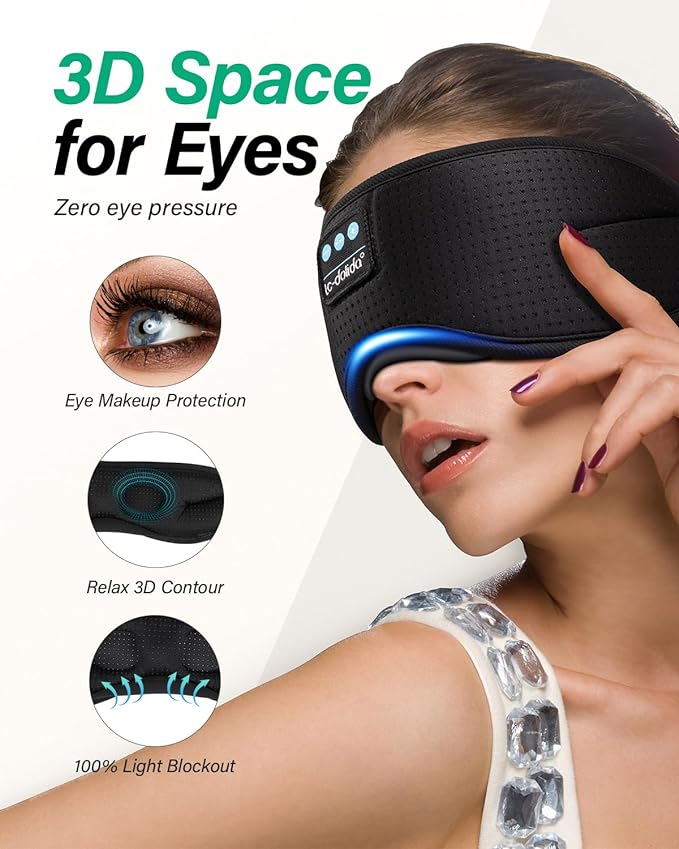 LC-dolida Sleep Headphones, White Noise Bluetooth Sleep Mask 3D Wireless Eye Mask Sleeping with Timing, Sleep Mask with Bluetooth Headphones for Side Sleepers Travel Yoga, Cool Gifts Men Women