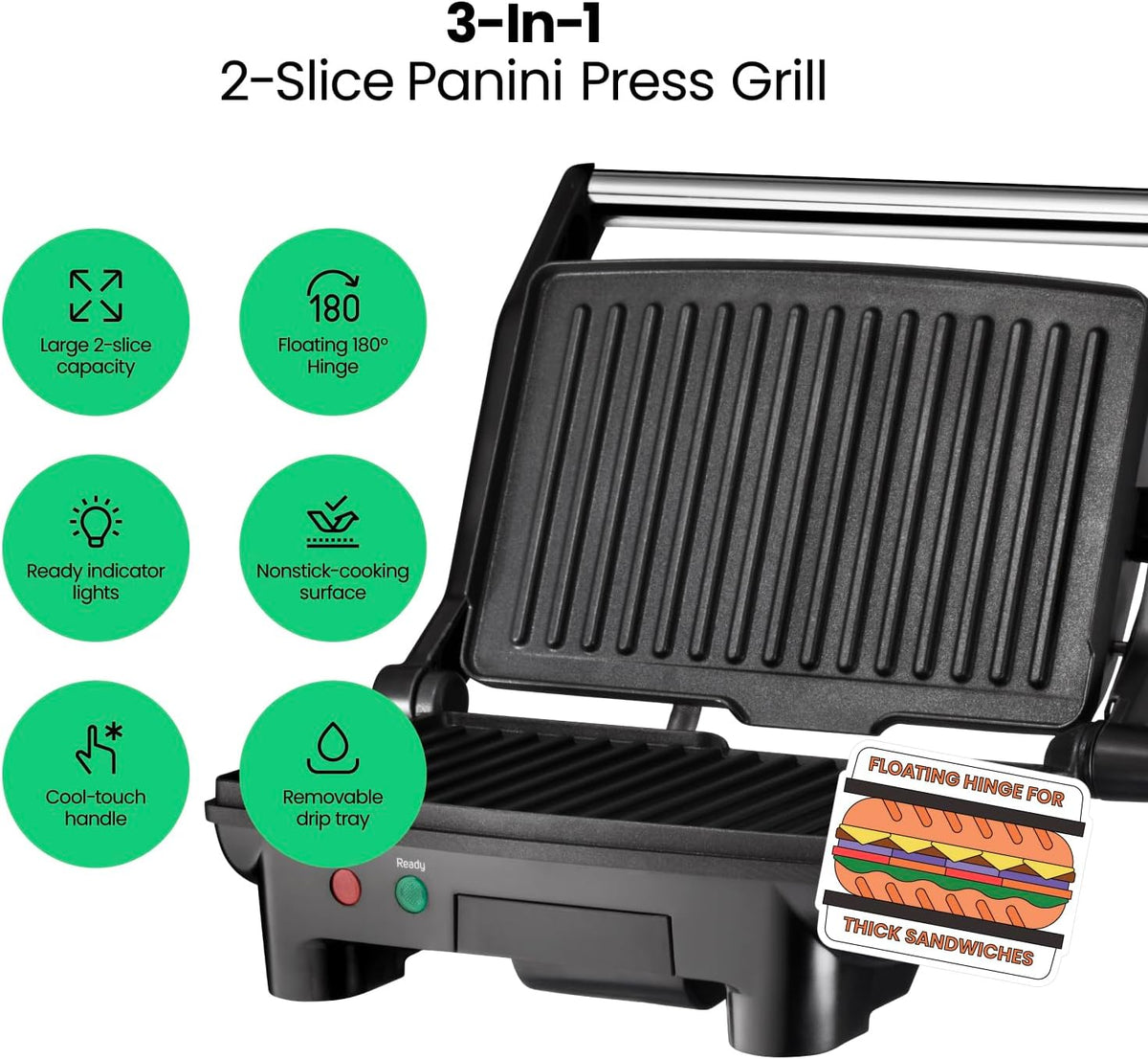 Chefman Electric Panini Press Grill, Compact 2-Slice Sandwich Maker, Non-Stick Coated Plates, Opens 180 Degrees, Dishwasher Safe, Removable Drip Tray, Stainless Steel/Black