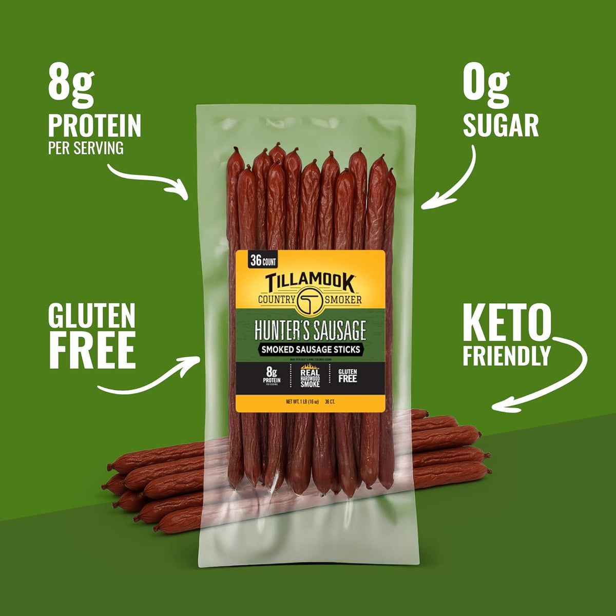 Tillamook Country Smoker Smoked Sausage, Hunter's Sausage, 16 Ounce (36 Count Meat Sticks Bulk Pack) Real Hardwood Smoked, Low Carb, High Protein Ready to Eat Keto Snack