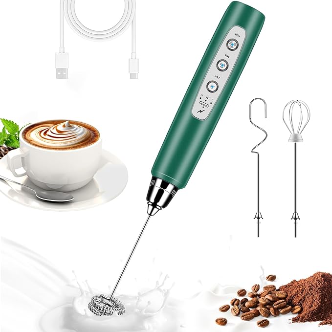 BSRGMS Milk Frother Handheld for Coffee, Electric Whisk 3 Speed Adjustable, Drink Mixer with Stainless 3 Whisks, Rechargeable Hand Frother Wand, for Latte Cappuccino Hot Chocolate Egg Green