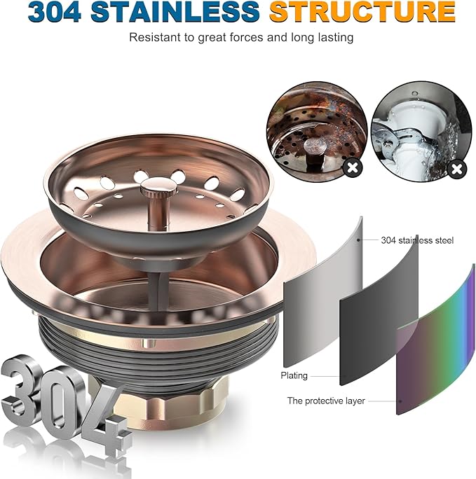 BOTEMY Stainless Steel Copper Sink Drain Strainer Kit 3-1/2 inch Kitchen Drain Assembly with Metal Center Knob Basket Stopper Replacement for Standard Kitchen Sinks, Antique Copper