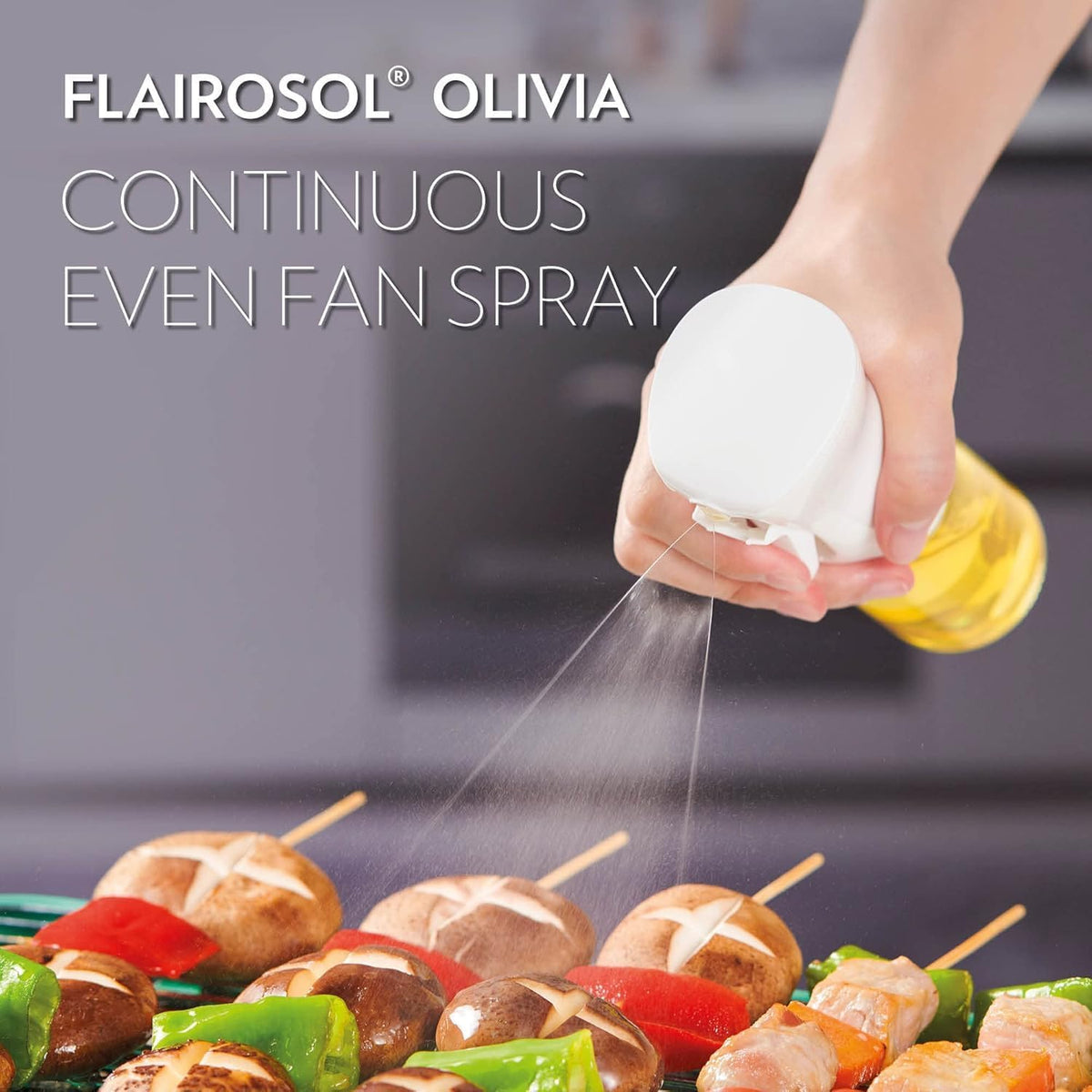 FLAIROSOL OLIVIA. The Original Advanced Oil Sprayer for Cooking, Salads, BBQs and More, Continuous Spray with Portion Control, Trusted by Chefs. Patented Technology. (Glass Bottle) (Gold Print)