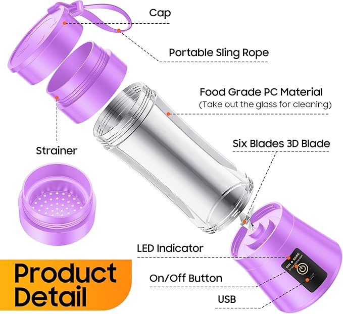 Portable Blender Personal Size Blender - 12 Oz BPA Free Travel Cup Make Smoothies and Shakes, Cordless USB Rechargeable, Lightweight Suit in Travel/Gym/Office