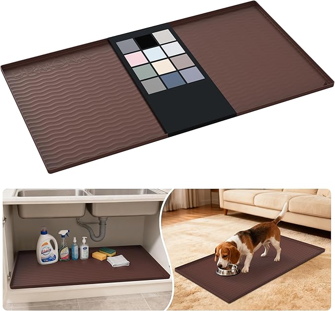 URMONA Waterproof Silicone Under Sink Mat 40'' x 22'' Shelf Liner for Kitchen and Bathroom, Cabinet and Counter Protector, Storage and Organizers, Litter Mat, Pet Cat Puppy Essentials(Brown)