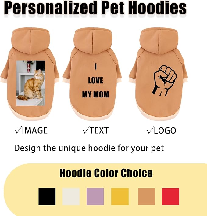 Custom Dog Hoodie, Personalized Sweatshirt with Photo Text Name Logo, Customized Hooded Sweater for Small Medium Large Dogs & Cats (Brown, X-Large)