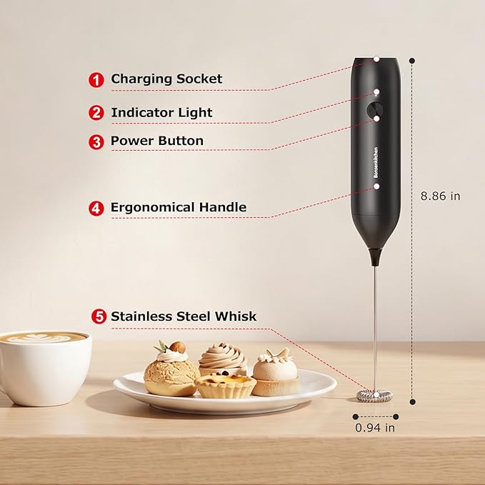 Bonsenkitchen Rechargeable Milk Frother Handheld, Electric Foam Maker with Stainless Steel Whisk, Charging USB-C, Portable Hand Wand Drink Mixer for Coffee Matcha Lattes Cappuccino, Kitchen Gifts