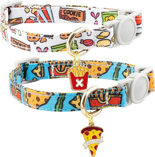 Faygarsle 2 Pack Breakaway Cat Collar with Bells for Female Malel Cats Cute Blue White Collar with Pizza Fries Charm for Cats