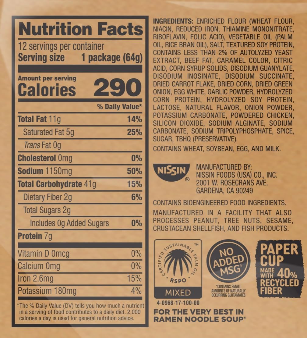 Nissin Cup Noodles Soup, Beef Flavor, Microwaveable Paper Cups, Instant Ramen, 2.25 Ounce (Pack of 12)