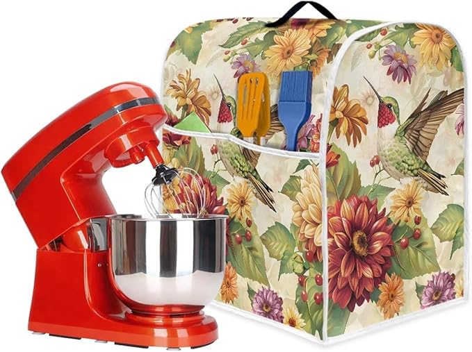 Floral Hummingbird Kitchen Dust Covers for Stand Mixer with Handle & Storage Pocket Oil-Resistant Food Processor Covers for Kitchen Counter Universal Fits 6-8 Qt Kitchen Mixers